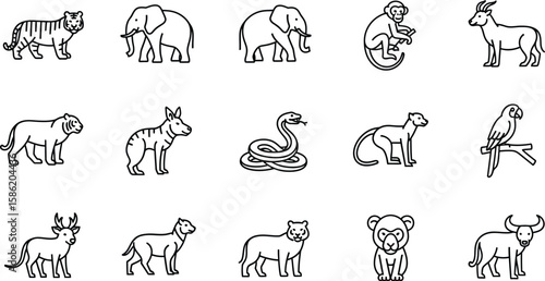 Vector art of a diverse set of animal icons isolated on white background features various creatures like tigers, elephants, monkeys, and snakes from around the world