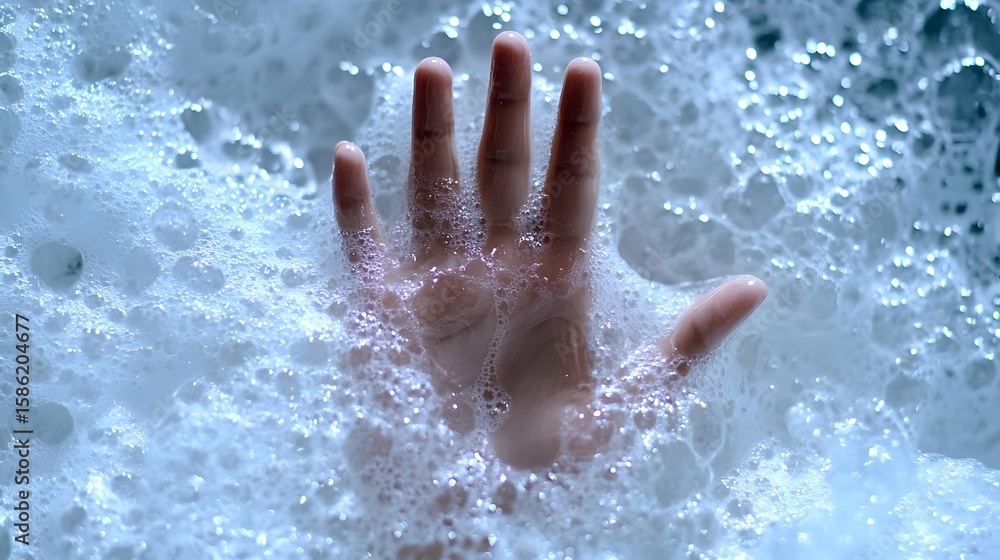Fototapeta premium Human hand pressing against frosted glass surface with condensation and water droplets creating atmospheric moody effect. Suitable for concepts of isolation, winter, cold.