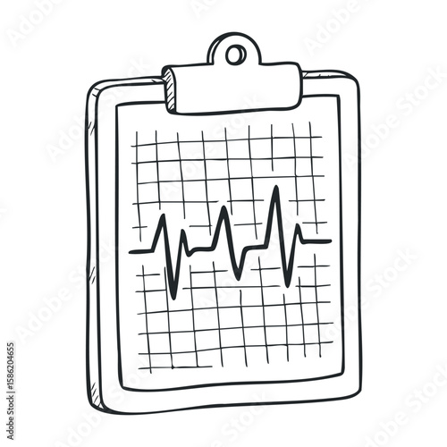 Hand-drawn electrocardiogram clipart on clipboard with grid background. Hand drawn vector illustration