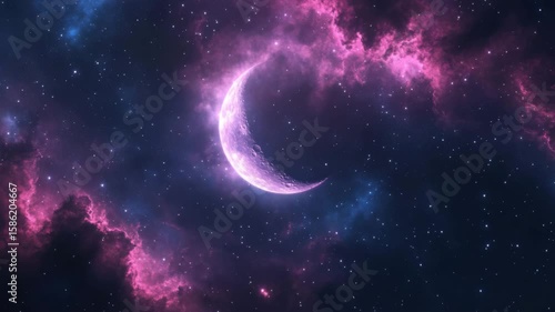 Ethereal crescent moon surrounded by vibrant pink nebula in deep space video