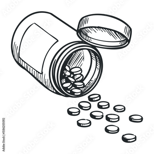 Hand-drawn sketch of a medicine bottle with tablets spilling out. Hand drawn vector illustration