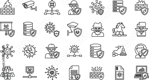 Vector art of a collection of cybersecurity icons including a firewall, camera, shield, hacker, virus, and database isolated on white background