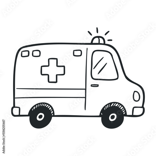Ambulance doodle with siren and cross symbol. Hand drawn vector illustration
