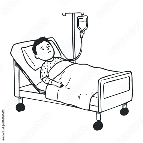 Young caucasian male child lying in hospital bed receiving iv treatment, feeling unwell. Hand drawn vector illustration