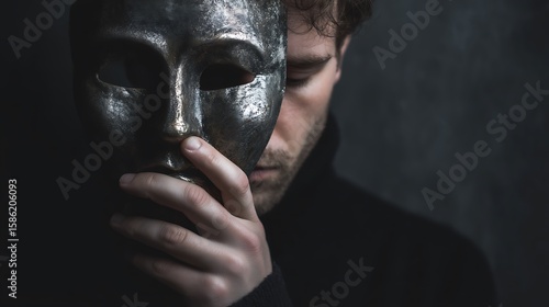 a man holding a smiling theatrical mask away from his face, revealing deep sadness and exhaustion underneath, dark moody background, emotional conceptual art 
