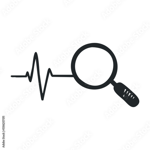 Heartbeat pulse joined with magnifying glass symbolizing health and investigation. Hand drawn vector illustration