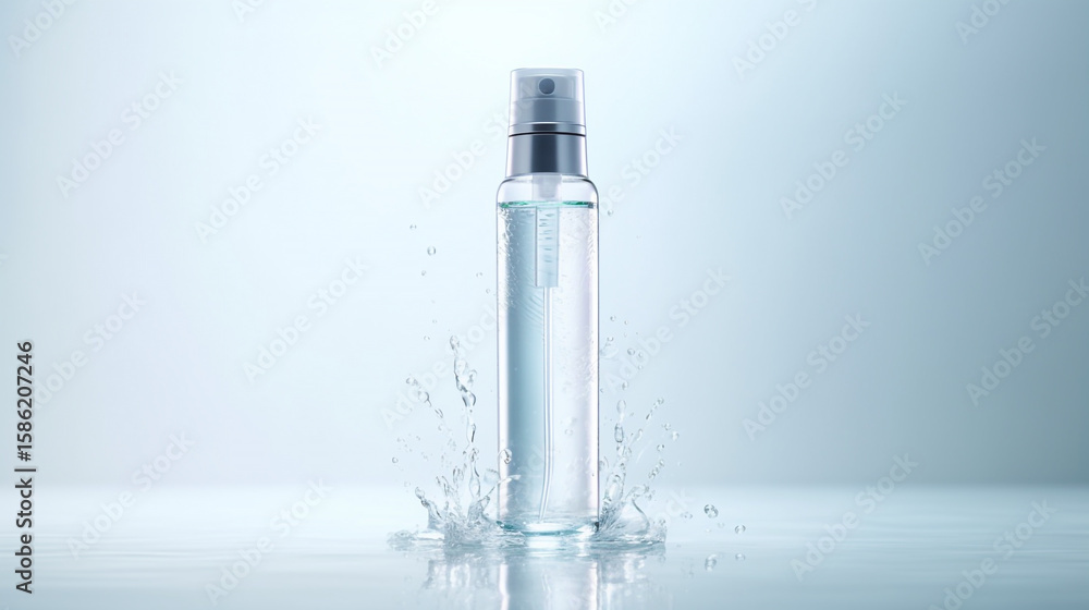 Stock photo of clear spray bottle with water splash for beauty product or cosmetic packaging mockup 100ml Stock photo of clear spray bottle with water splash for beauty product or cosmetic packaging mockup 100ml