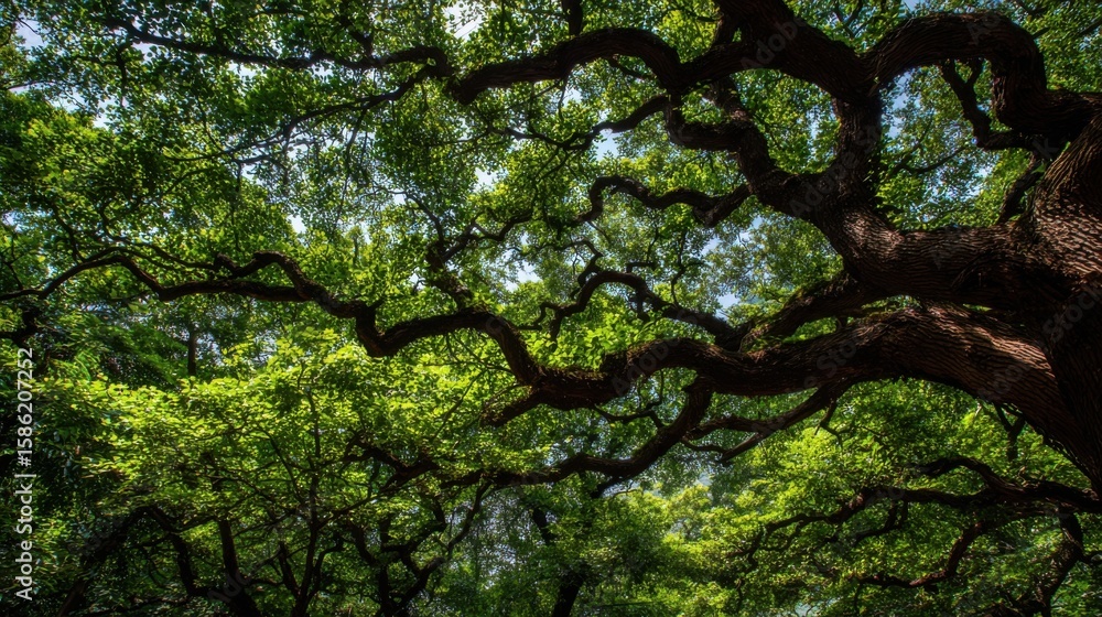 Fototapeta premium Wide angle view of sprawling large tree branches with green leaves under bright sky.