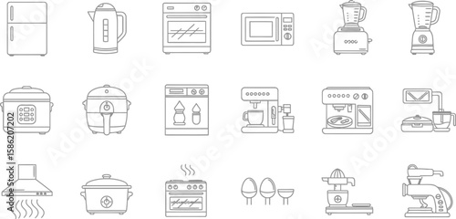 Vector art of a collection of kitchen appliances, including a refrigerator, kettle, oven, microwave, blender, rice cooker, and coffee maker isolated on white background