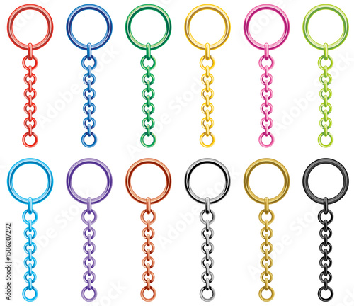 シンプルでカラフルなチェーン付きリングキーホルダーのベクター素材イラストセット(Simple and Colorful Ring Keychain with Chain Vector Illustration Set)