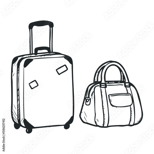 Black and white sketch of luggage: rolling suitcase and travel bag for packing adventures. Hand drawn vector illustration