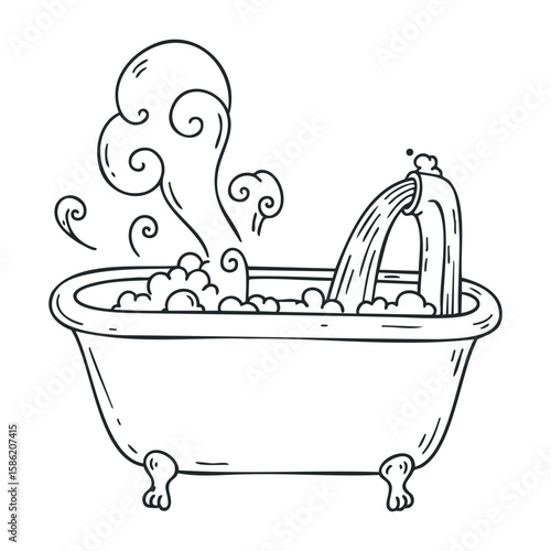Hand-drawn vintage clawfoot bathtub with steaming water and bubbles in black and white. Hand drawn vector illustration