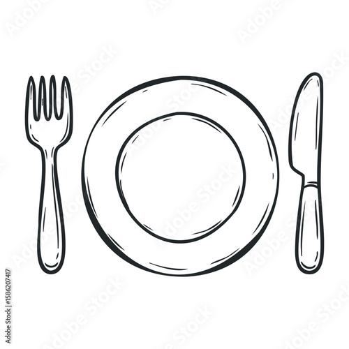 Simple line drawing of plate with knife and fork on white background. Hand drawn vector illustration