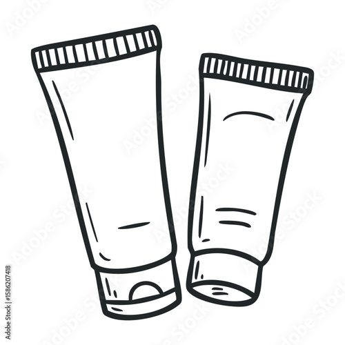 Monochrome skincare tubes: minimalist design of cosmetic packaging. Hand drawn vector illustration