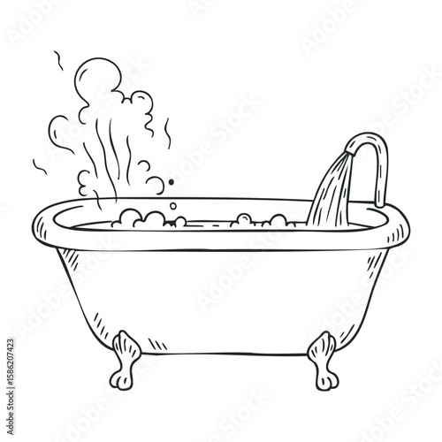Vintage clawfoot bathtub with steaming water illustration for relaxation concepts. Hand drawn vector illustration