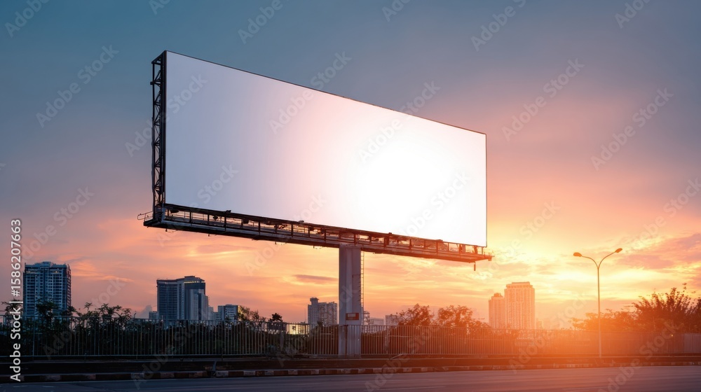 Large blank billboard on a metal structure overlooking city skyline at sunset. Large blank billboard on a metal structure overlooking city skyline at sunset.