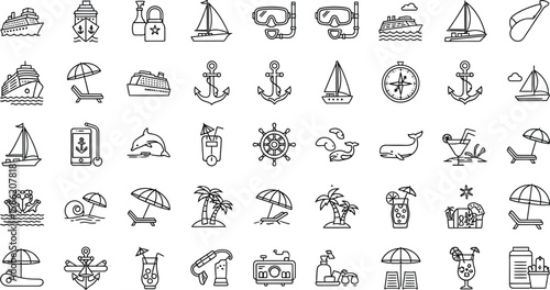 Vector art of a collection of travel and vacation icons, including cruise ships, anchors, sailboats, dolphins, cocktails, and palm trees isolated on white background