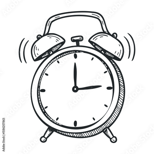 Vintage black and white hand-drawn ringing alarm clock illustration. Hand drawn vector illustration