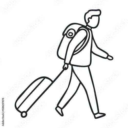 Male traveler with backpack and suitcase on journey. Hand drawn vector illustration