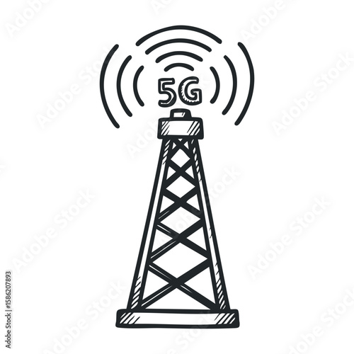 Hand-drawn 5g network tower with signal waves and wireless connectivity. Hand drawn vector illustration