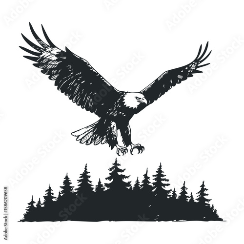 Majestic eagle soaring above forest silhouette in black ink style. Hand drawn vector illustration