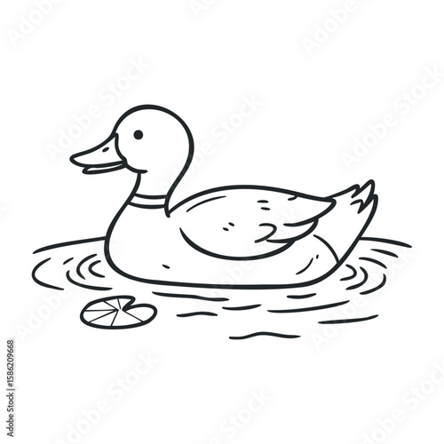 Simple black outline of a duck swimming in pond with lily pad. Hand drawn vector illustration