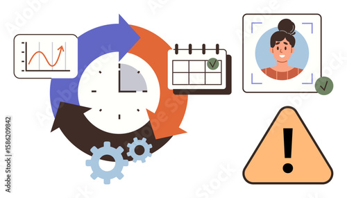 Clock with arrows, gears, analytics chart, calendar with check mark, profile validation, and alert sign. Ideal for productivity, scheduling, management time tracking risk operations