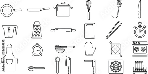 Vector art of a collection of essential kitchenware and cooking utensils are neatly arranged, isolated on white background