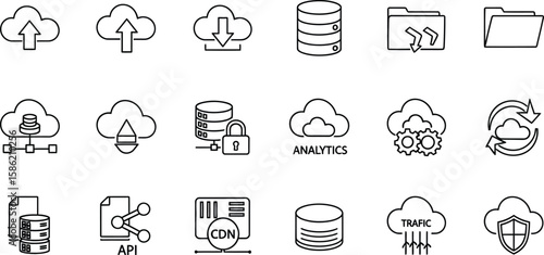 Vector art of a comprehensive set of cloud computing and data management icons are presented, isolated on white background