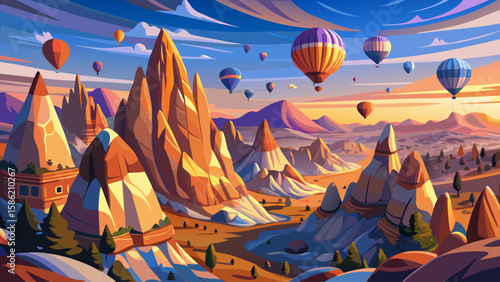 Cappadocia, Göreme, Turkey – Fairy chimneys scatter across rocky valleys. Early morning hot air balloons float silently above the magical terrain of Cappadocia, ideal for a whimsical vector creation.
