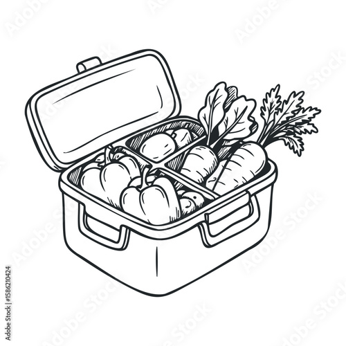 Sketch of lunchbox with vegetables including carrots, bell peppers, and radishes. Hand drawn vector illustration