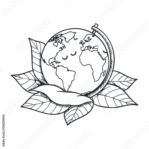 Smiling earth globe on leaves sketch with african and eurasian continents. Hand drawn vector illustration
