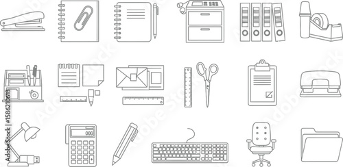 Vector art of an assortment of essential office supplies and stationery items are neatly arranged, isolated on white background