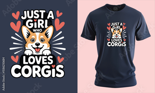 Just a Girl Who Loves Corgis Vector T-shirt Design Print – Cute Corgi Dog Cartoon, Pet Lover Gift, Dog Mom Apparel, Animal Lover Graphic, Playful Heart Print, Print-on-Demand