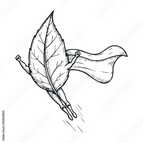 Superhero leaf with cape illustration: nature meets heroism concept. Hand drawn vector illustration