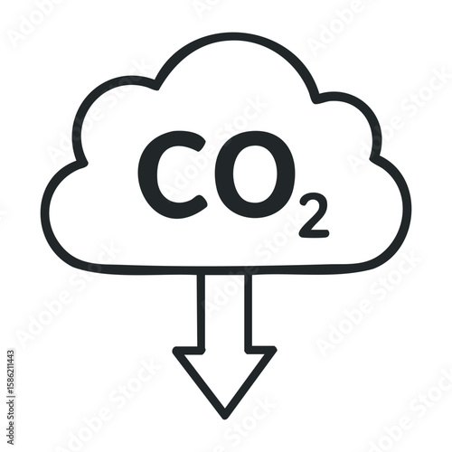 Co2 emissions symbol: carbon dioxide cloud and arrow icon for environmental awareness. Hand drawn vector illustration