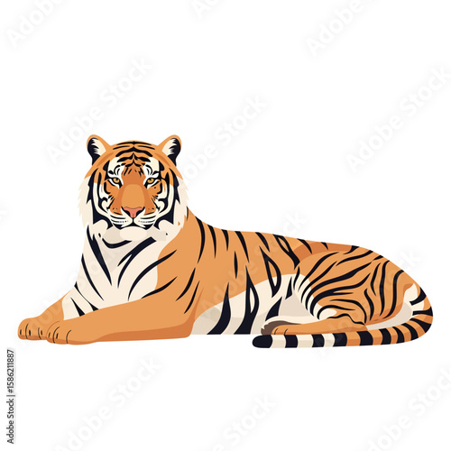 A majestic tiger lies down, resting and looking directly at the viewer with a calm expression.