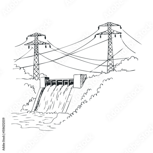 Hydroelectric dam with transmission towers and flowing water illustration. Hand drawn vector illustration