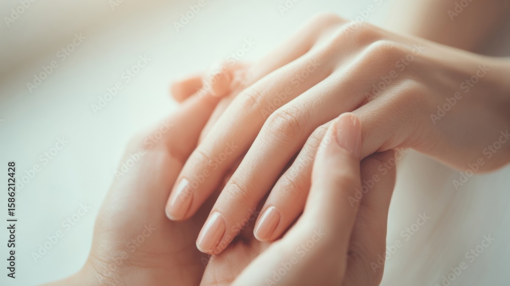 Close-up of gentle human hands holding each other expressing care and comfort. Close-up of gentle human hands holding each other expressing care and comfort.