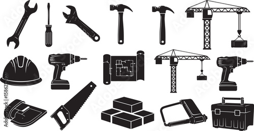 Collection of construction tools and equipment for building and renovation projects