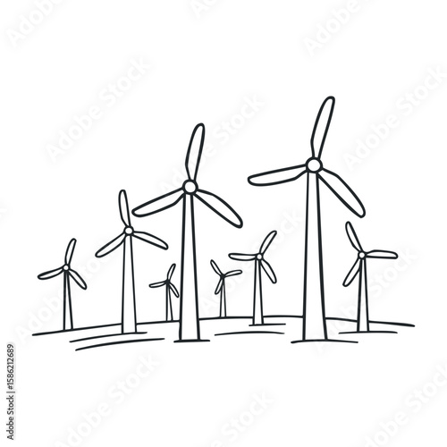 Wind turbines on hillside in simple black and white sketch style. Hand drawn vector illustration
