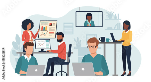 Diverse remote workers collaborate on projects using laptops and video conferencing, showcasing modern business strategies for success.
