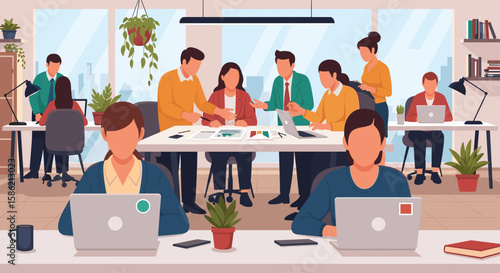 Modern office environment fostering collaboration and productivity among diverse professionals, ideal for business concepts or digital landing pages.
