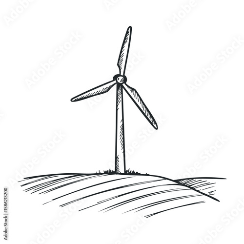 Wind turbine on rolling hillside sketch with minimalist design. Hand drawn vector illustration