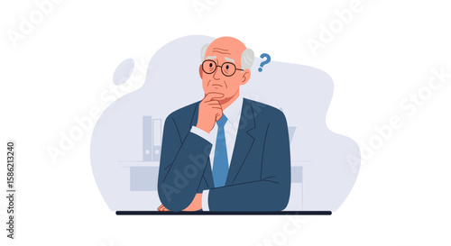 An elderly man with glasses is depicted in a vector illustration, deep in thought with a question mark above his head, suitable for a landing page.