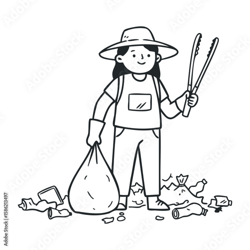 Female volunteer cleaning outdoors with trash bag and litter picker. Hand drawn vector illustration
