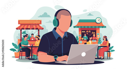 A vibrant illustration portrays a focused remote worker wearing headphones, diligently using a laptop within a bustling outdoor cafe or market setting.