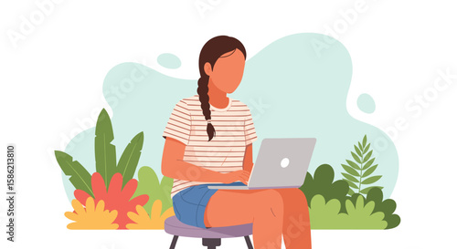 A young woman working remotely on her laptop while sitting outdoors, surrounded by lush greenery, showcasing a modern work from home lifestyle and digital nomadism.