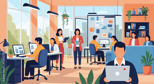 A vibrant open-plan office environment where diverse professionals collaborate and work efficiently on computers, showcasing modern business productivity.