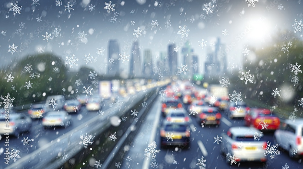 Obraz premium Black SUV drives through a heavy snowstorm on a busy highway, with a traffic congestion creating a blurred backdrop of vehicles and buildings in winter.